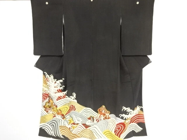 04190# Japanese Kimono / Antique Tomesode / Embroidery / Rough Wave