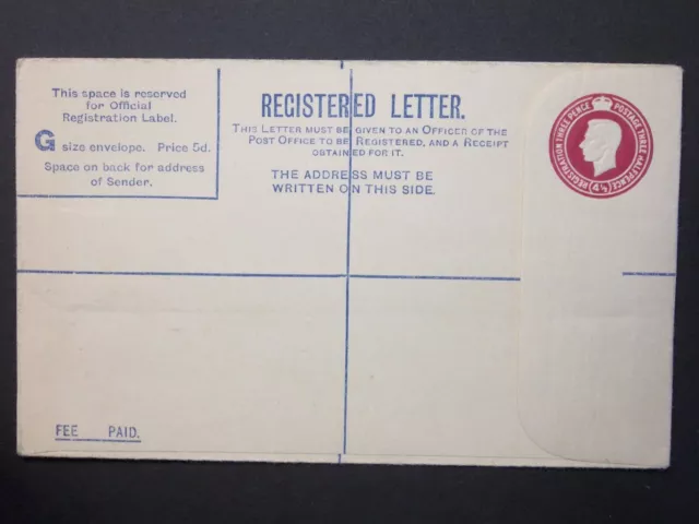 GB Postal Stationery 1940 KGVI 41/2d puce Registered Envelope size G H&B RP49