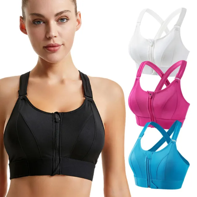 LADIES SPORTS BRA Zip Front Fastening Non Wired Unpadded Med Hold Uk Plus  Size。 $7.83 - PicClick