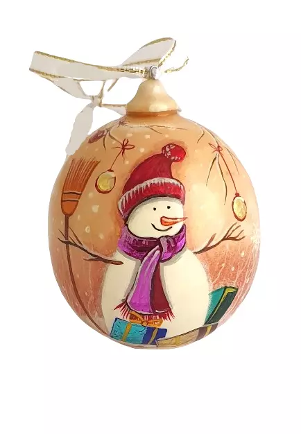 Boule de Noel en bois peint beige-bonhomme de neige