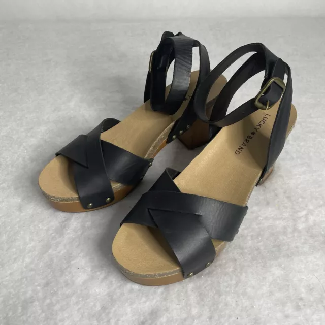 Lucky Brand Black Cross Leather Open Toe Heel Wrap Around Ankle Strap Sz 8.5M