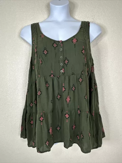 Torrid Womens Plus Size 2 (2X) Green Southwestern Peasant Tank Sleeveless