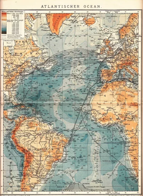 c. 1890 ATLANTIC OCEAN TRANSATLANTIC TELEGRAPH CABELS Antique Map