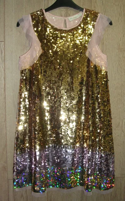 Mini Boden Girls Stunning Gold Sequin Party Dress Age 11-12 Immaculate