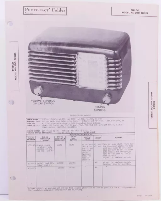 Photo Fact Data 1946 Philco 46-200 Broadcast Table Radio.