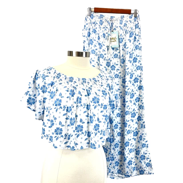 NEW Salty Lemon Two Piece Set Flutter Crop Top Wide Leg Pants Beachy Women's L