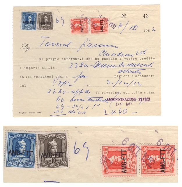 Italy Amg-Ftt -  Fattura Invoice 1952 Borghese - Trieste Zone A