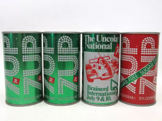4 Vintage 7UP Steel Soda Cans Uncola National Brainerd Sugar Free Red Green