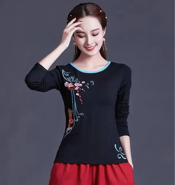 New Retro Chinese Style Women's Embroidery Tops Lady Cotton Linen T-shirt Blouse