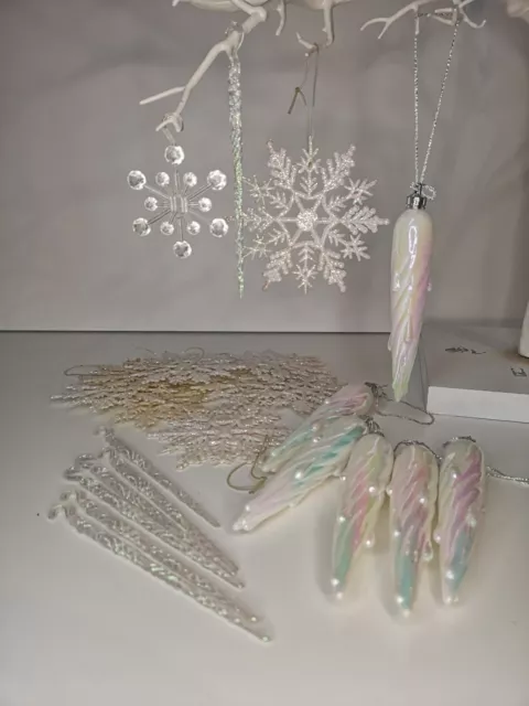 Job Lot Christmas Tree Decorations Icicles Snowflakes Irridecent Glitter Acrylic