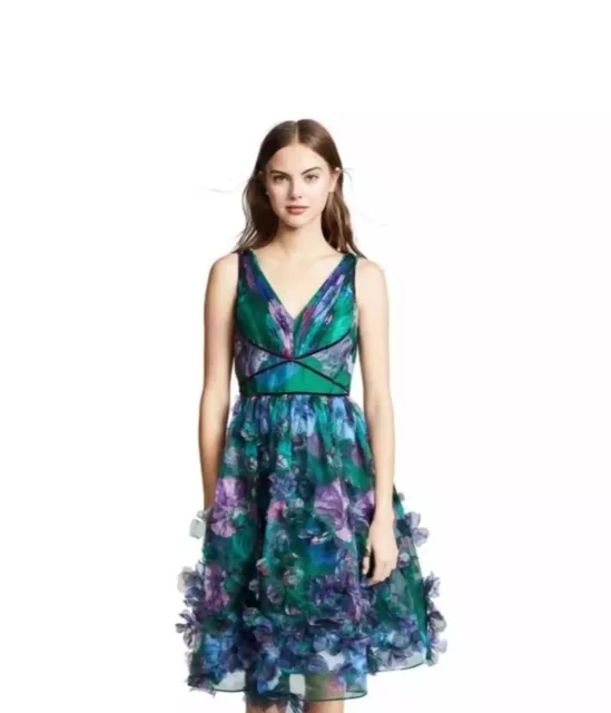 MARCHESA NOTTE Emerald Green Organza Cocktail Midi Dress Floral Appliqué 2