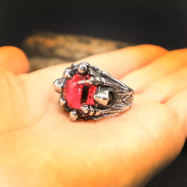 Mens Onyx Dragon Claw Red Ruby CZ Ring Band Evil Eye Eyeball Stainless Steel