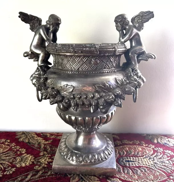 Antique French Victorian Silver over Bronze Ornate Cherub Urn Planter Vase