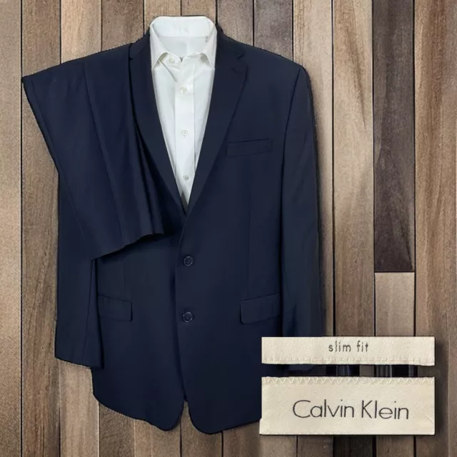 Calvin Klein 2 Piece Suit Mens 46L 38x29 Navy Stripe Slim Fit Wool
