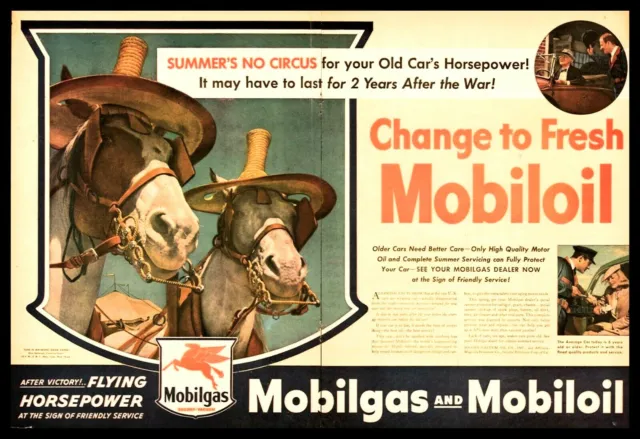 1943 MOBILOIL Horses in Straw Hats Fabulous Mobil Vintage Print Centerfold AD