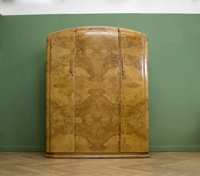 Antique Vintage Art Deco 1930s Burr Walnut Triple Door Wardrobe