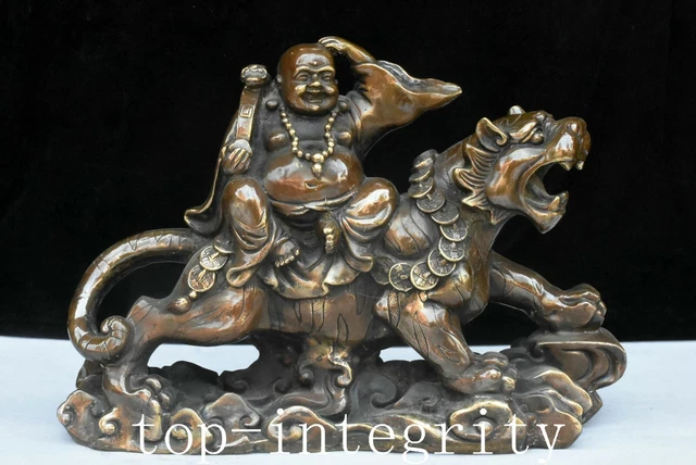 14.1'' Old China Bronze Wealth Money Coin Happy Maitreya Buddha Tiger Statue