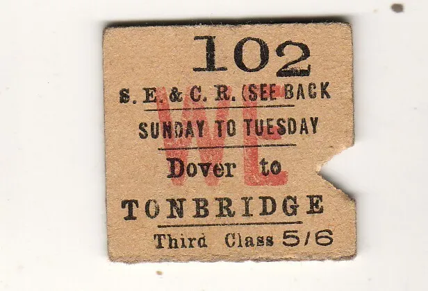 Railway  ticket SECR Tonbridge - Dover 1910