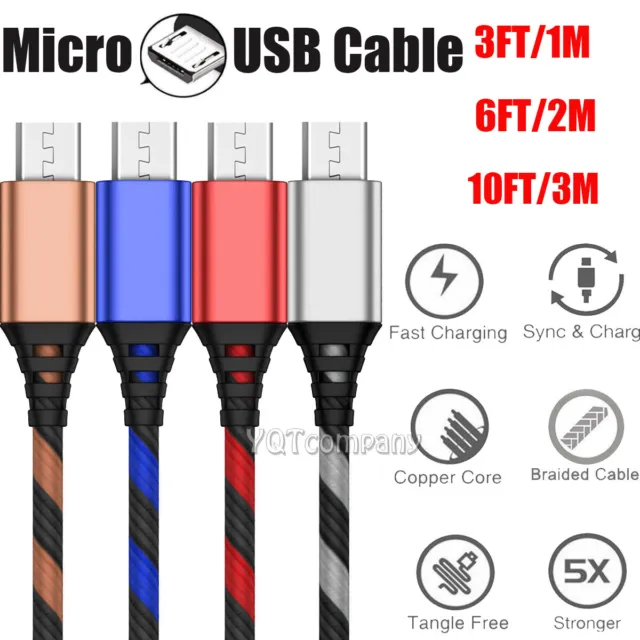 2Pack 3FT 6FT 10FT Braided Micro USB Cable Fast Charging Rapid Cord Power Charge