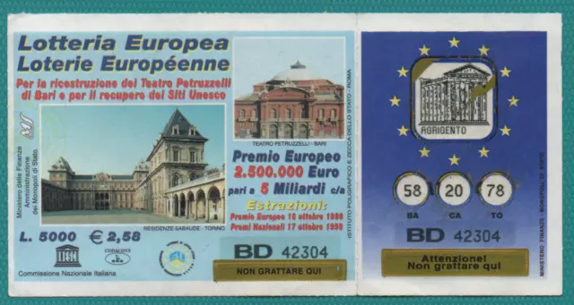 Biglietto Lotteria Europea Anno 1999 Residenze Sabaude-Torino Con Gratta E Vinci