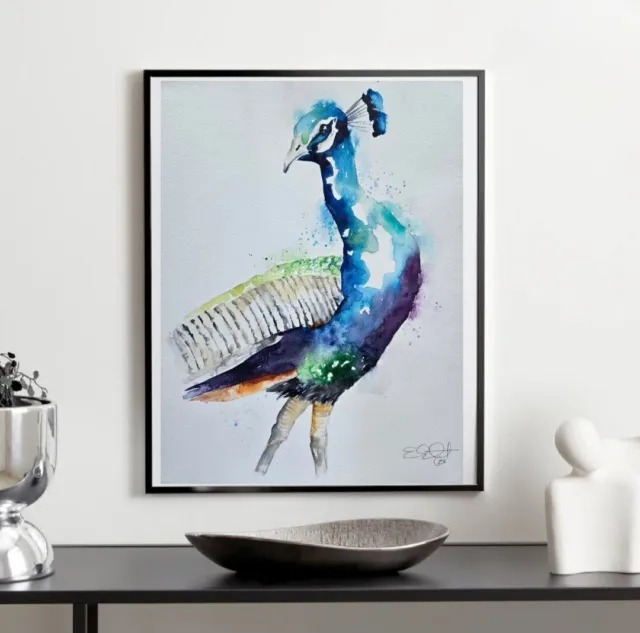Quadro artistico acquerello originale firmato grande Elle Smith Of A Peacock Bird