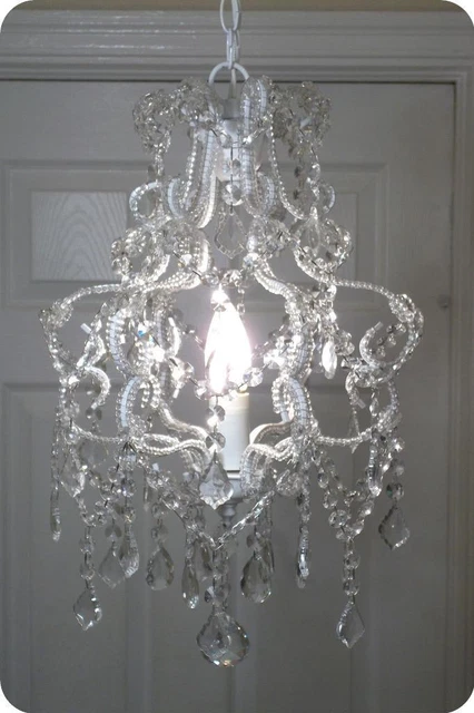 Beautiful white with French & Czech Crystals Petite Hanging Swag Chandelier Lamp