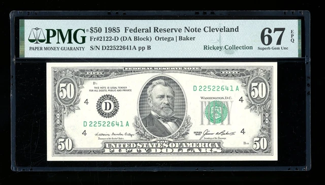 DBR 1985 $50 FRN Cleveland Fr. 2122-D Superb Gem PMG 67 EPQ Serial D22522641A