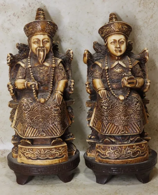 Vintage Chinese Hand-Carved Resin Wood Emperor and Empress Figures 8 in - Rare