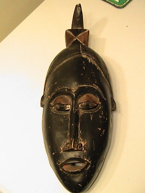Vintage African/Peruvian Hand Carved Painted Wood Portrait Mask, Black & Brown