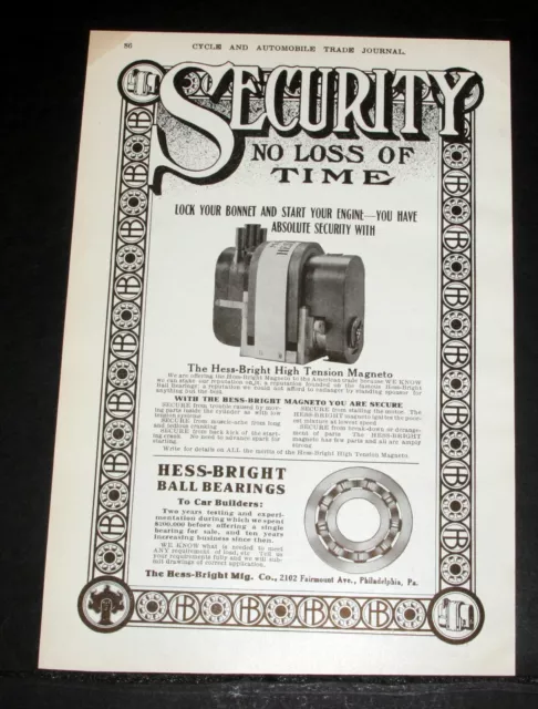 1908 Old Magazine Print Ad, Hess-Bright High Tension Magneto, Engine Security!