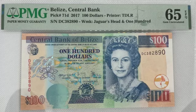 Belize Central Bank 2017 100 Dollars Banknote PMG 65 EPQ Gem Uncirculated