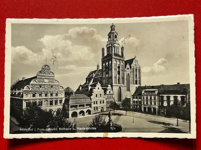 AK Stargard Pommern Markt Rathaus und Marienkirche Bahnpost 1934 Berlin Stolp