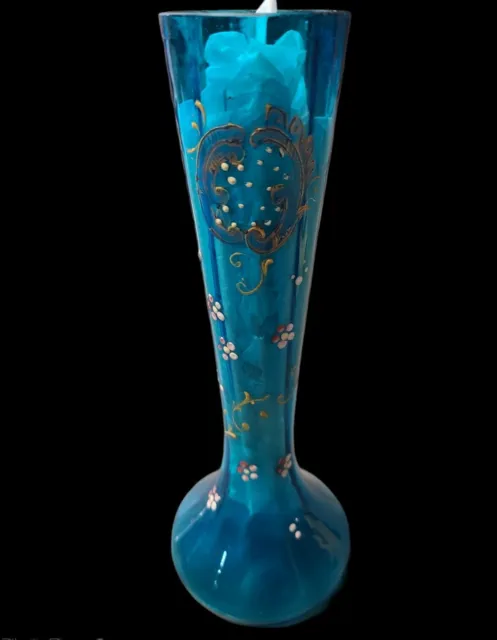 Vintage/Antique  Blue Art Glass  Bohemian Enameled Handpainted Vase ~8 1/2" tall