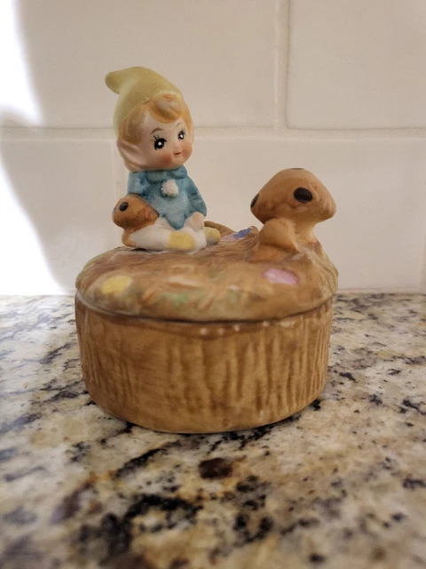 Vintage Pixie Elf Figurine Trinket Dish Homco Tree Stump Mushroom Fairy Core 70s