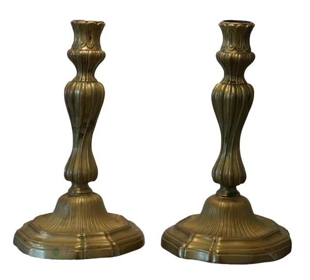 Pair of Antique bronze gilt French candlestick old patina 18th century