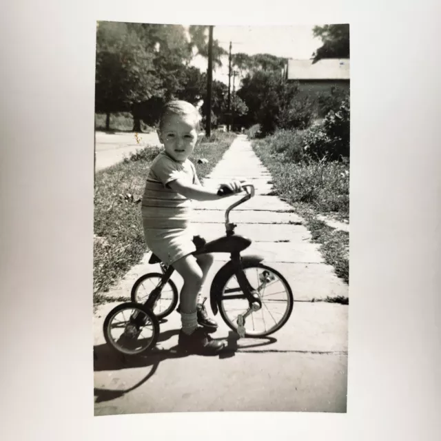 Boy Riding Tricycle Sidewalk Photo 1940s Child Bike Ride Vintage Snapshot B3084