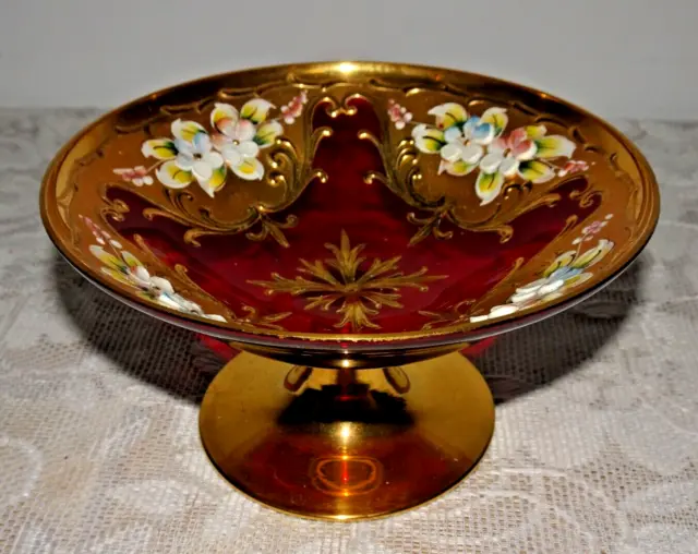 Bohemian Czech Ruby Red Hand Painted Gold Gilt Enamel Flowers 5 1/2" Compote