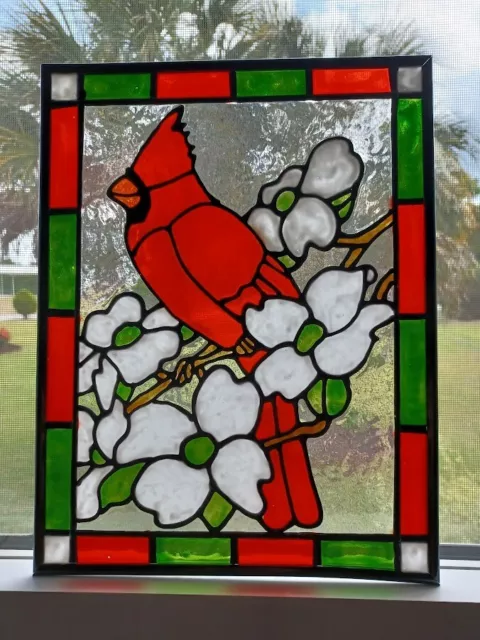 Cardinal Stained Glass Window Panel Hand Painted