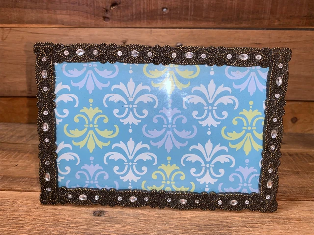Beautiful Jeweled & Embossed Rectangular Brass Photo Frame, Fits 4" by 6"