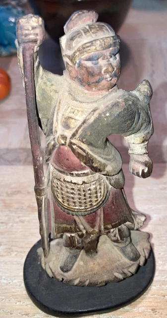 Antique Hand Carved And Painted Chinese Warrior Wooden Figure