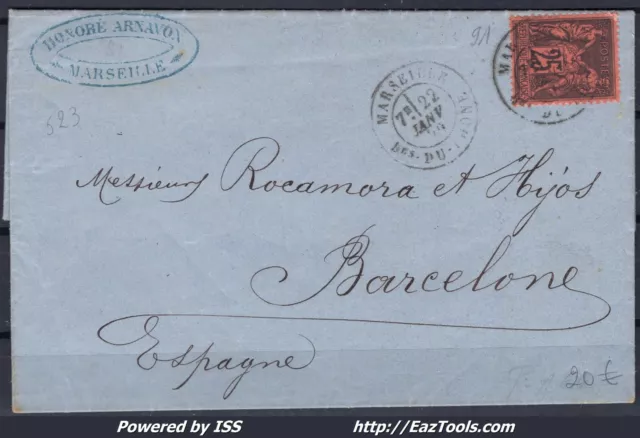 France N° 92 Seul Sur Lettre Pour Barcelone Du 22/01/1879