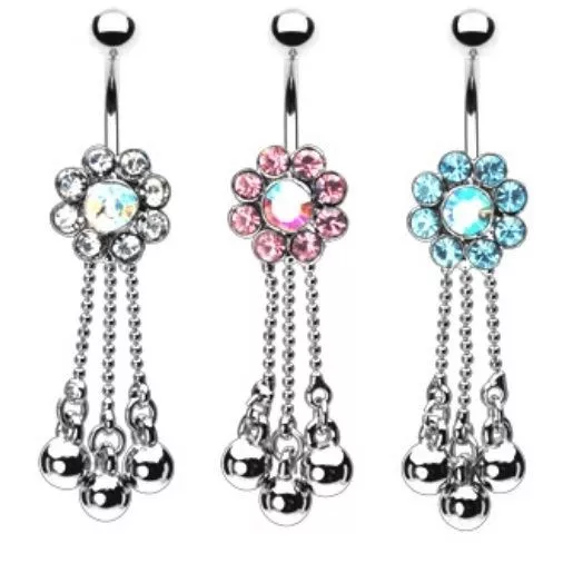 Gem Paved Flower Belly Navel Ring Cz Chain Dangle Button Piercing Jewelry B411