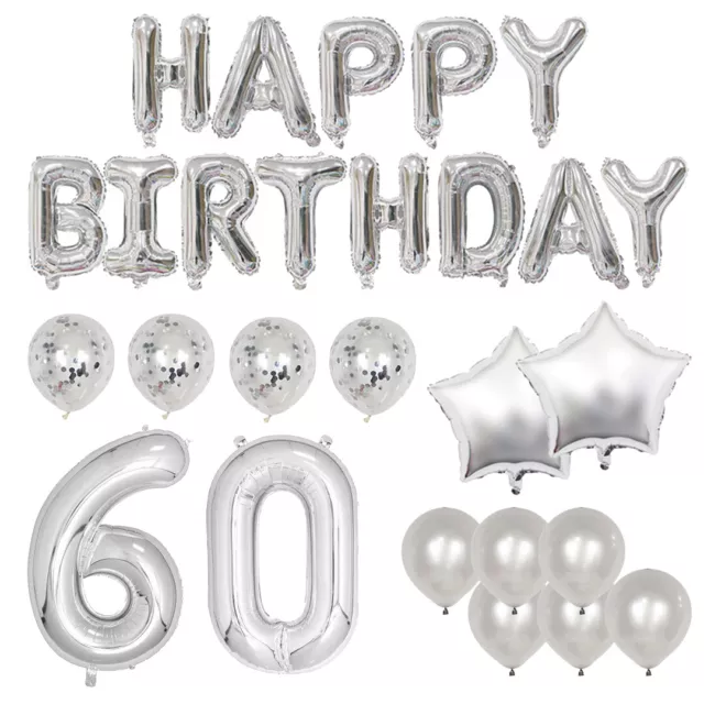 Happy 60th Birthday Deluxe Silver Foil Balloon Party Kit - Includes 25+ Balloons
