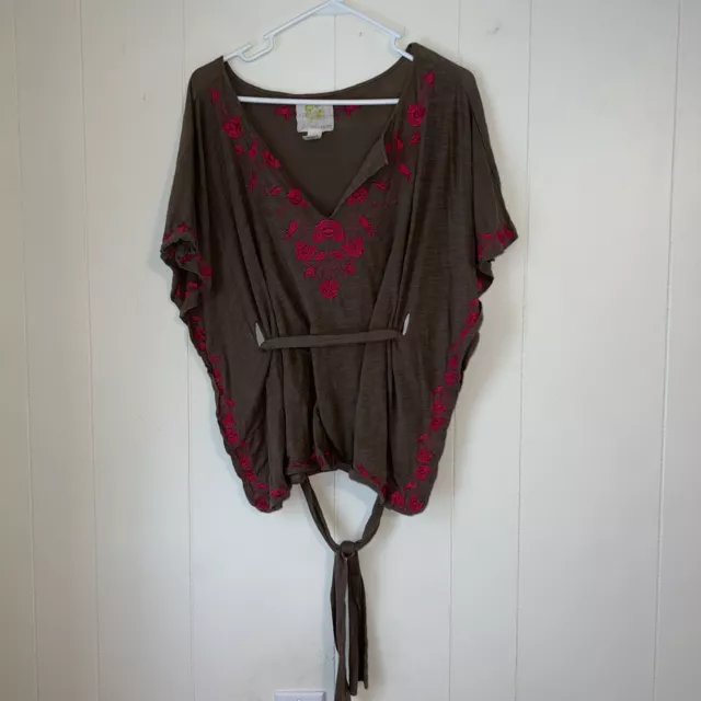 Urban Outfitters Top XS Brown Cotton Knit Shirt Pullover Batwing Embroidery