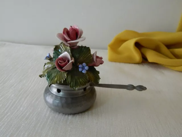 RARE Vintage Pewter PELTRO 95% GARANTITO Pot & Porcelain Flowers Roses Italy