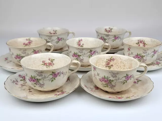 14pc Vintage Antique Buffalo Pottery Early 1900s TEACUP & SAUCER (x7) Lot - RARE 2