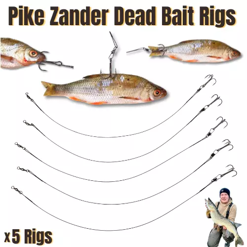 5 PIKE ZANDER RIGS DEAD BAIT WIRE TRACE Fishing Dead Bait RIGS SIZE 2 4 6 8