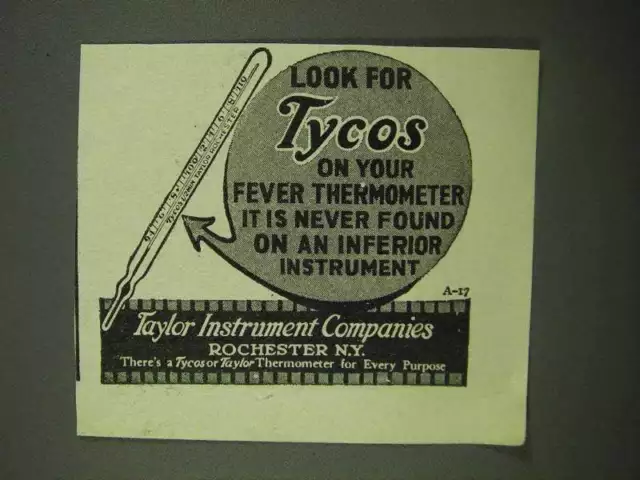 1922 Taylor Instrument Tycos Fever Thermometer Ad - Look For