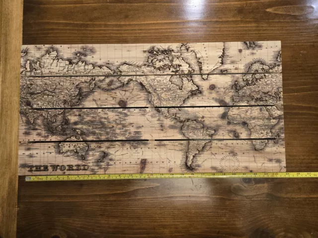 Laser Engraved Pine Wood Detailed World Map Wall Art - 24”L x 12”H