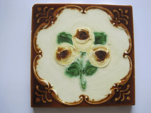 Antique Art Nouveau Relief Moulded Yellow Roses 6" Tile C1902/12 J.w.wade & Co.